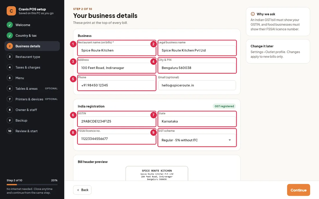 Business details step with name, address and GST registration