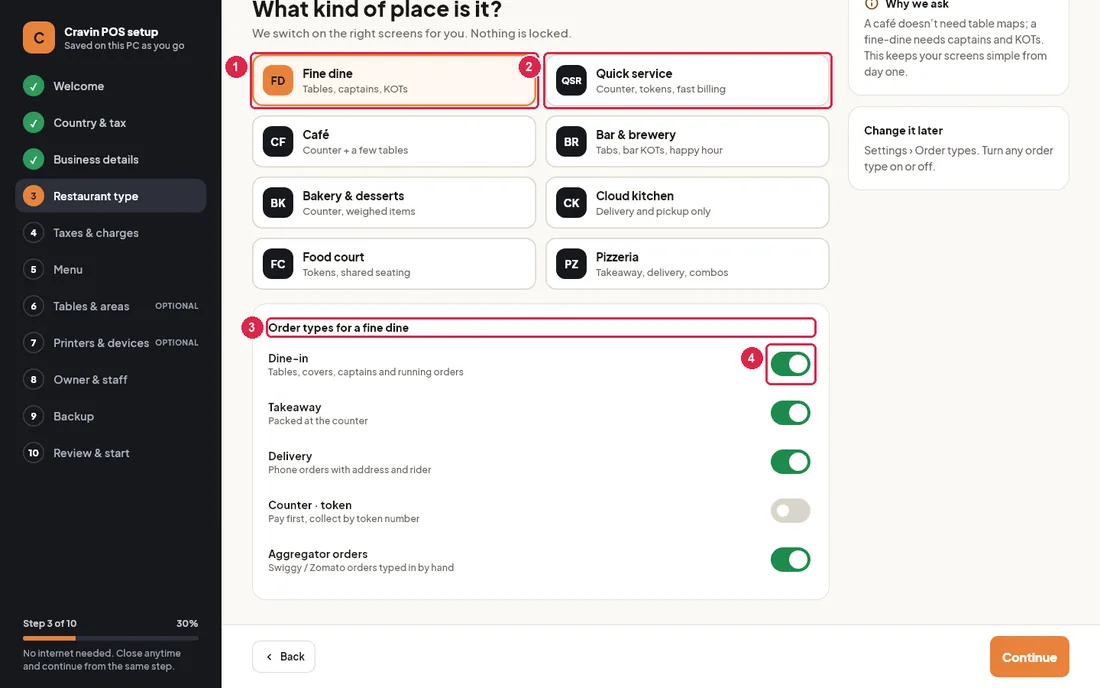 Restaurant type step with eight kinds of restaurant and order type switches