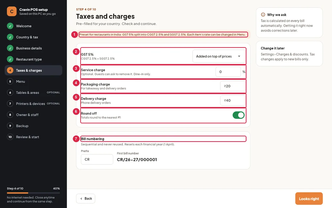 Taxes and charges step
