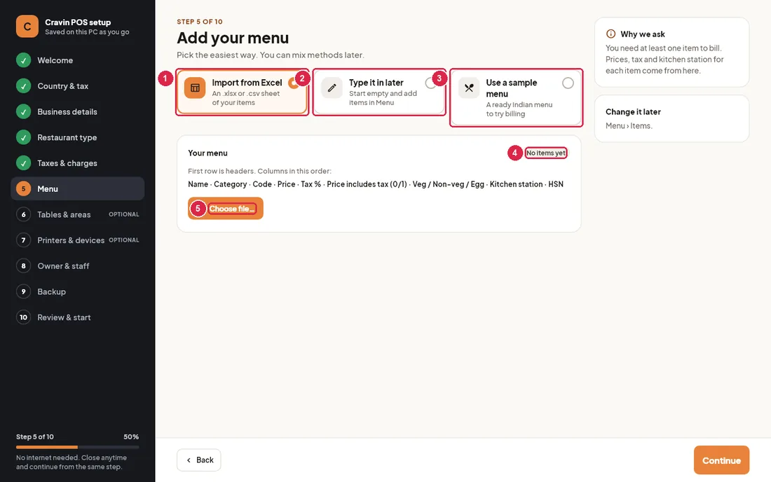 Menu step with import, type later and sample menu choices