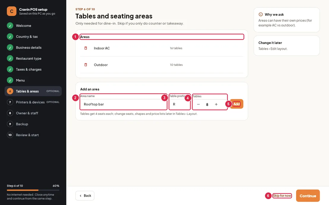 Tables and areas step