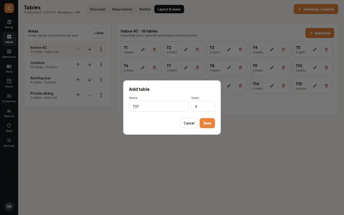 Add table dialog with name and seats