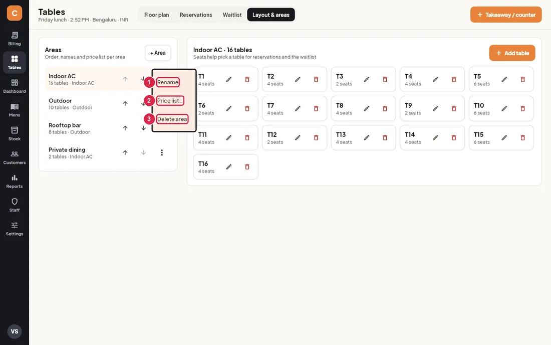 Area menu with Rename, Price list and Delete area