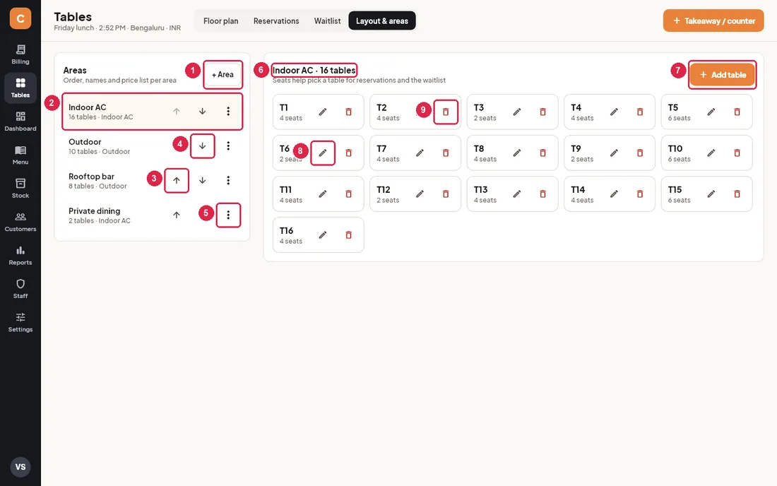 Layout and areas editor with the area list and the tables of Indoor AC