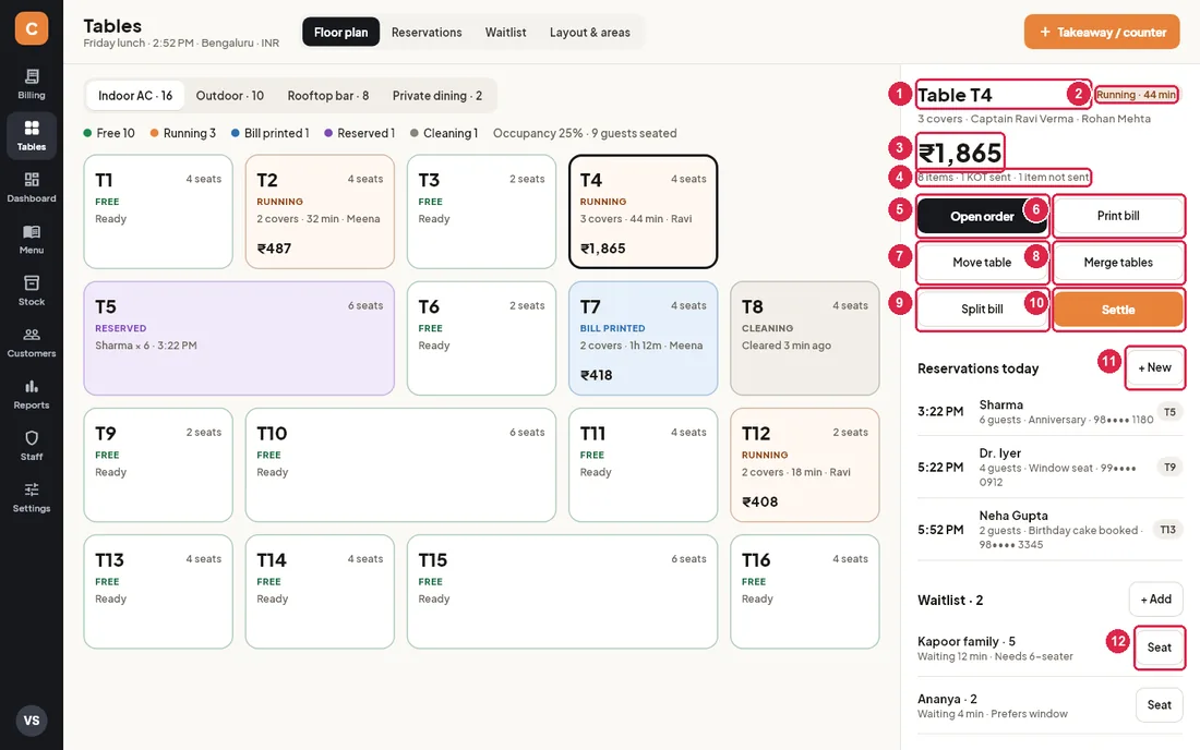 Right-hand panel for table T4 with amount, KOT summary and action buttons