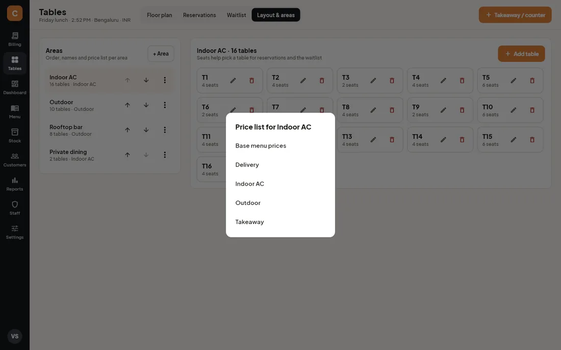 Price list picker for an area