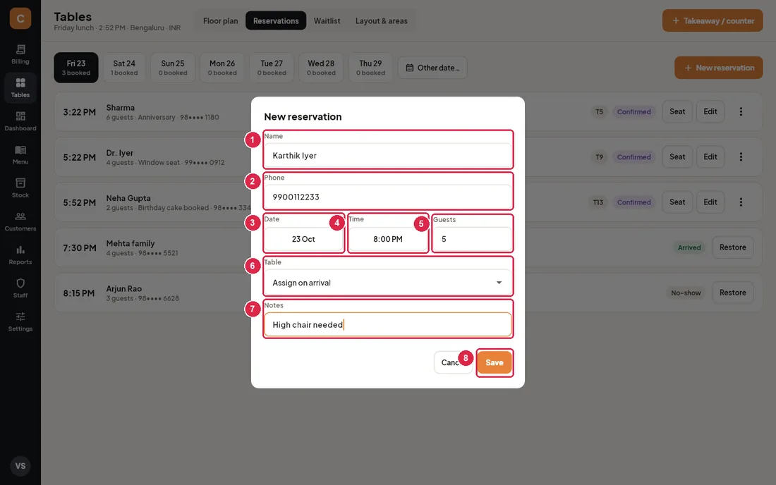 New reservation dialog with name, phone, date, time, guests, table and notes