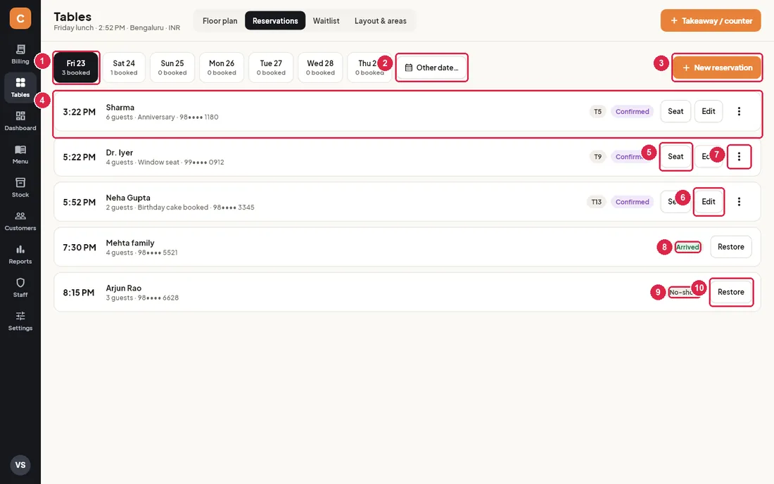 Reservations view with the next seven days and today's bookings
