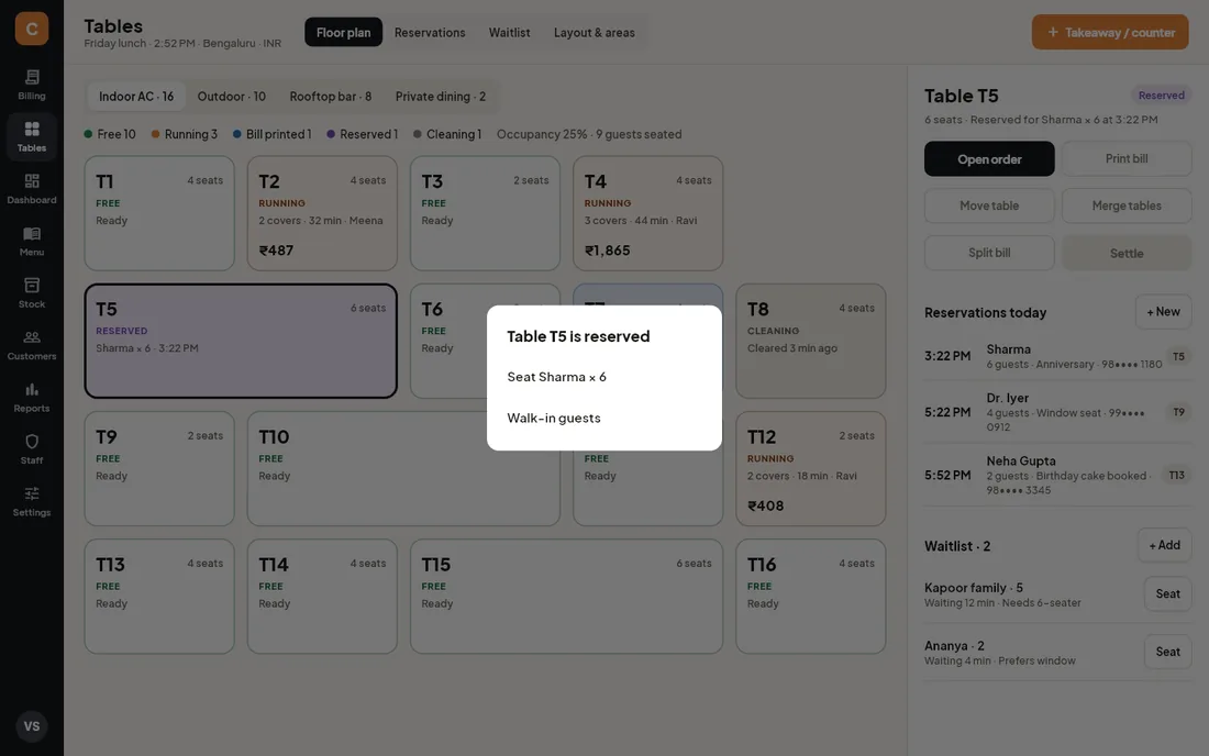 Dialog asking whether to seat the reservation or walk-in guests