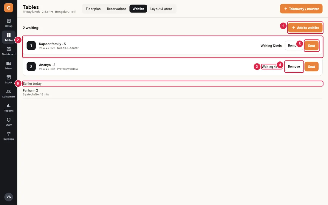 Waitlist view with two waiting parties and one seated earlier